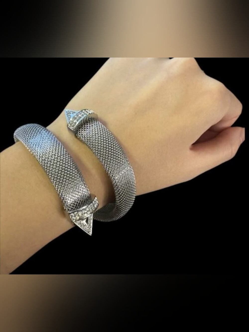 Silver Mesh Crystal-Accent Open Cuff Bracelet